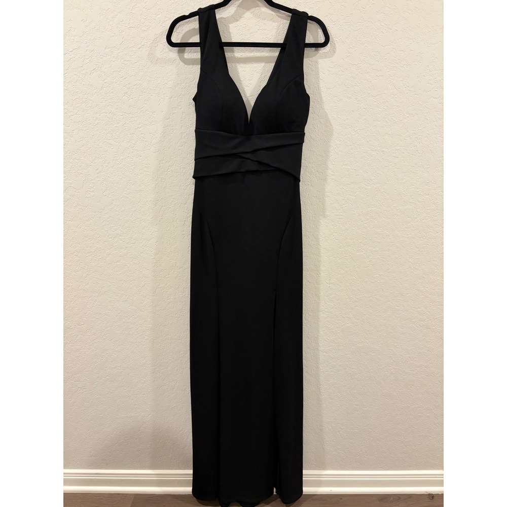 Emerald Sundae Womens Black V-Neck Sleeveless Maxi Gown Dress Slit Large